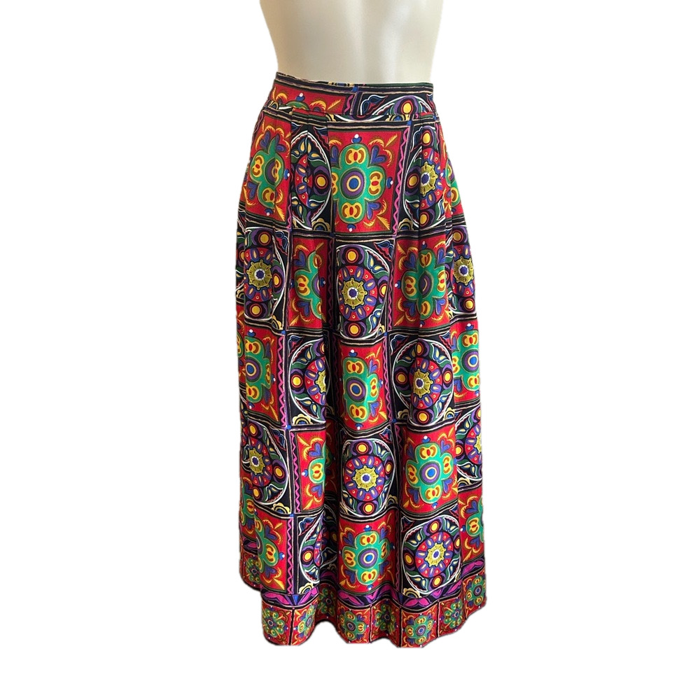 PORTS INTERNATIONAL VTG 100% rayon Colourful  Geometric Patterned Skirt Sz 14